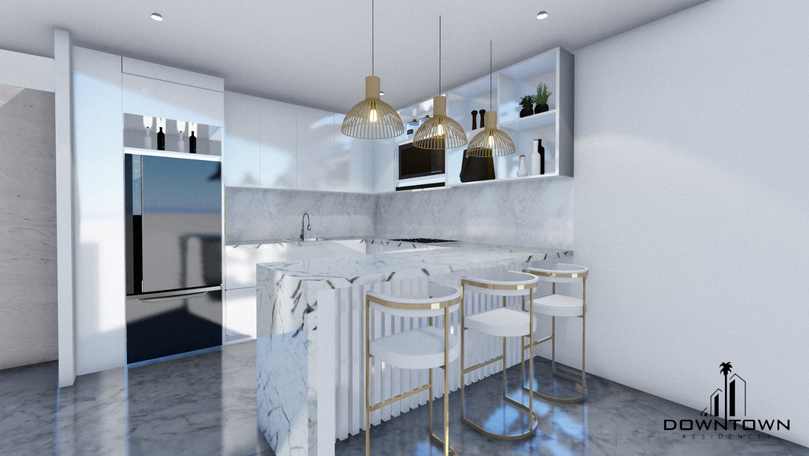 Modern luxury kitchen with wood and marble finishes