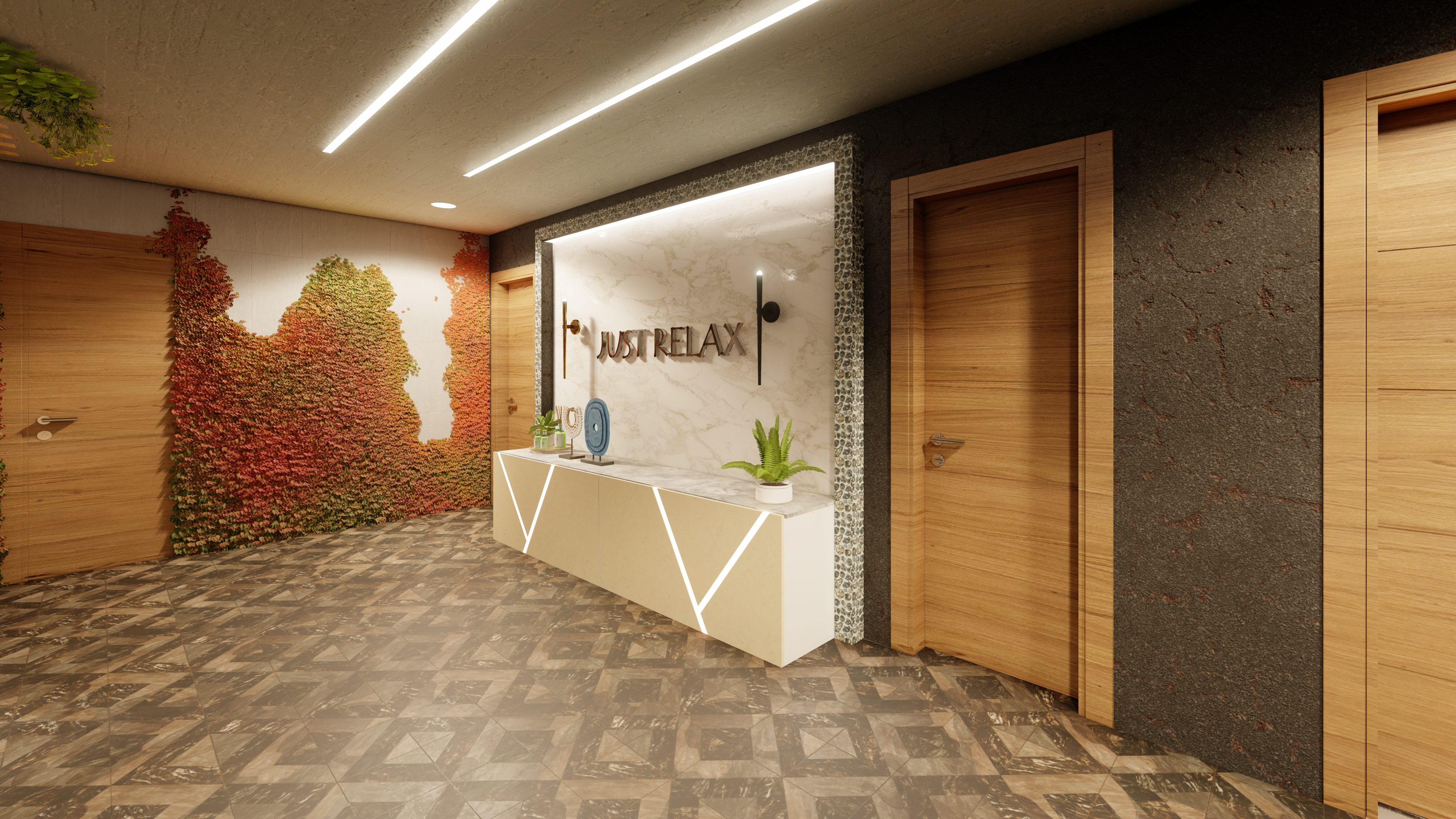 Elegant dining area with sophisticated lighting and textures